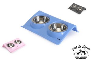 Plastic tray with double steel bowl - מתקן אוכל/מים לחתול