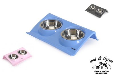 Plastic tray with double steel bowl - מתקן אוכל/מים לכלב