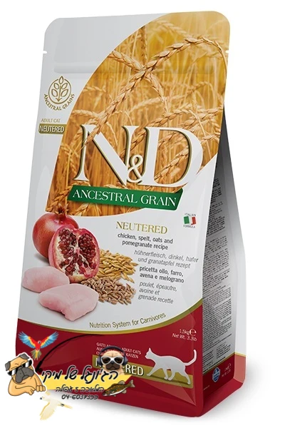 N&D-אן די נטורל דלישס מזון יבש מופחת דגנים לחתולים מסורסים עוף ורימונים 5kg