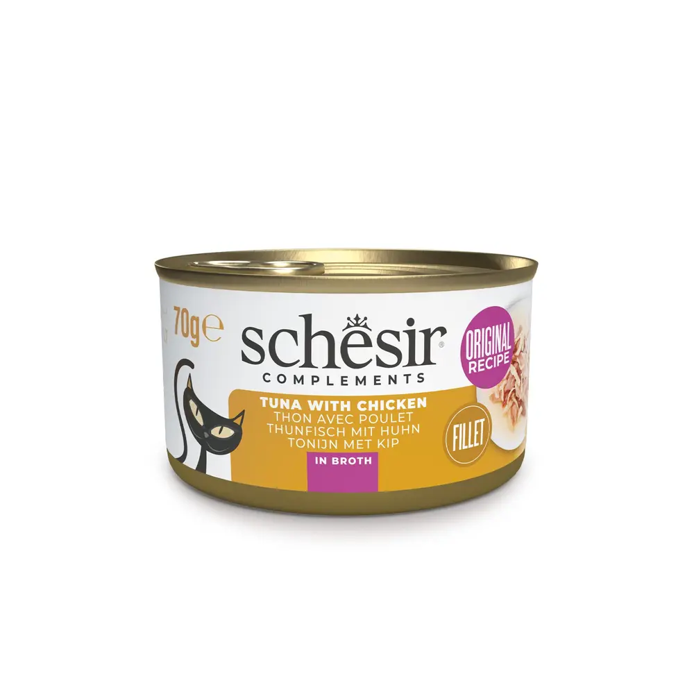 Schesir שזיר מעדן משלים לחתולים טונה עם נתחוני עוף בציר 70 גרם