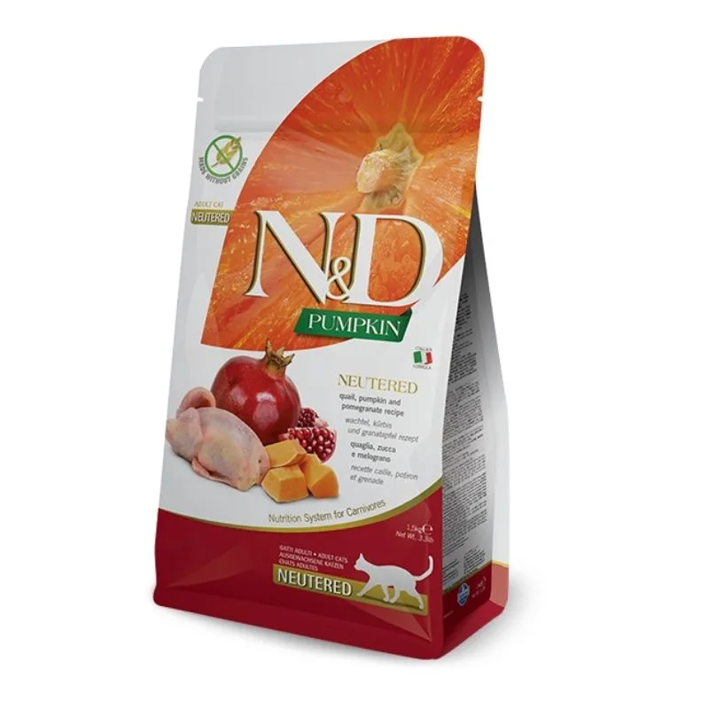 N&D נטורל דלישס מזון יבש ללא דגנים לחתולים בוגרים מסורסים בטעם שליו רימון ודלעת 1.5 ק"ג