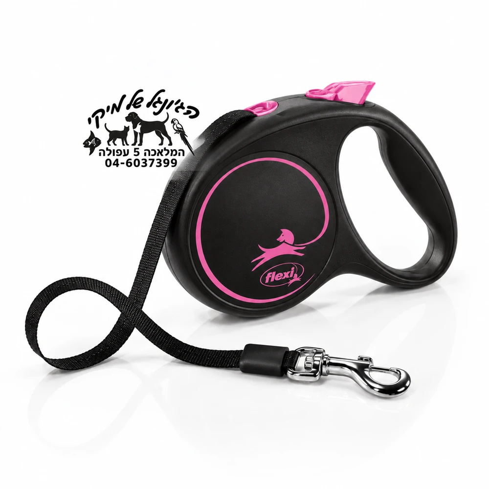 Flexi Black Design M Tape 5m רצועה נגללת לכלבים עד 25 ק"ג שחור/ורוד