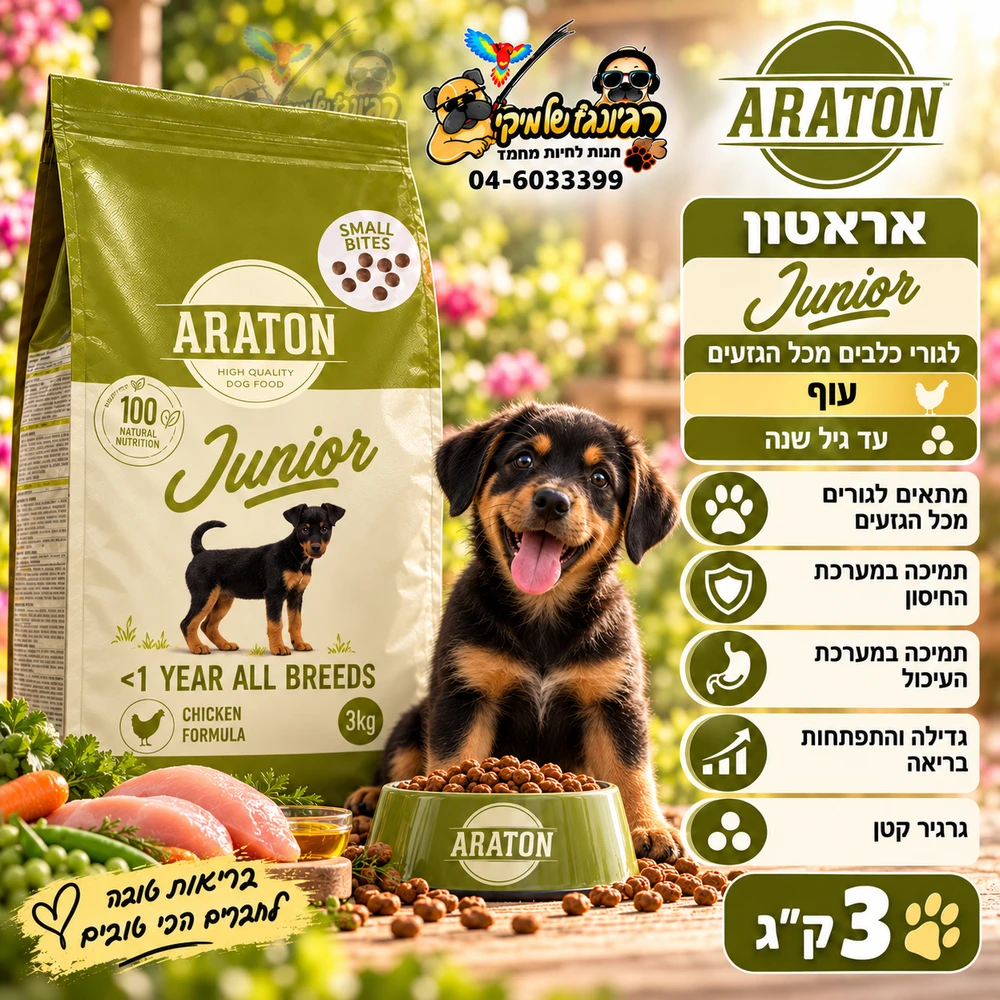 ARATON-JUNIOR/אראטון עוף לגורי כלבים מכל הגזעים (עד גיל שנה) 3 ק"ג