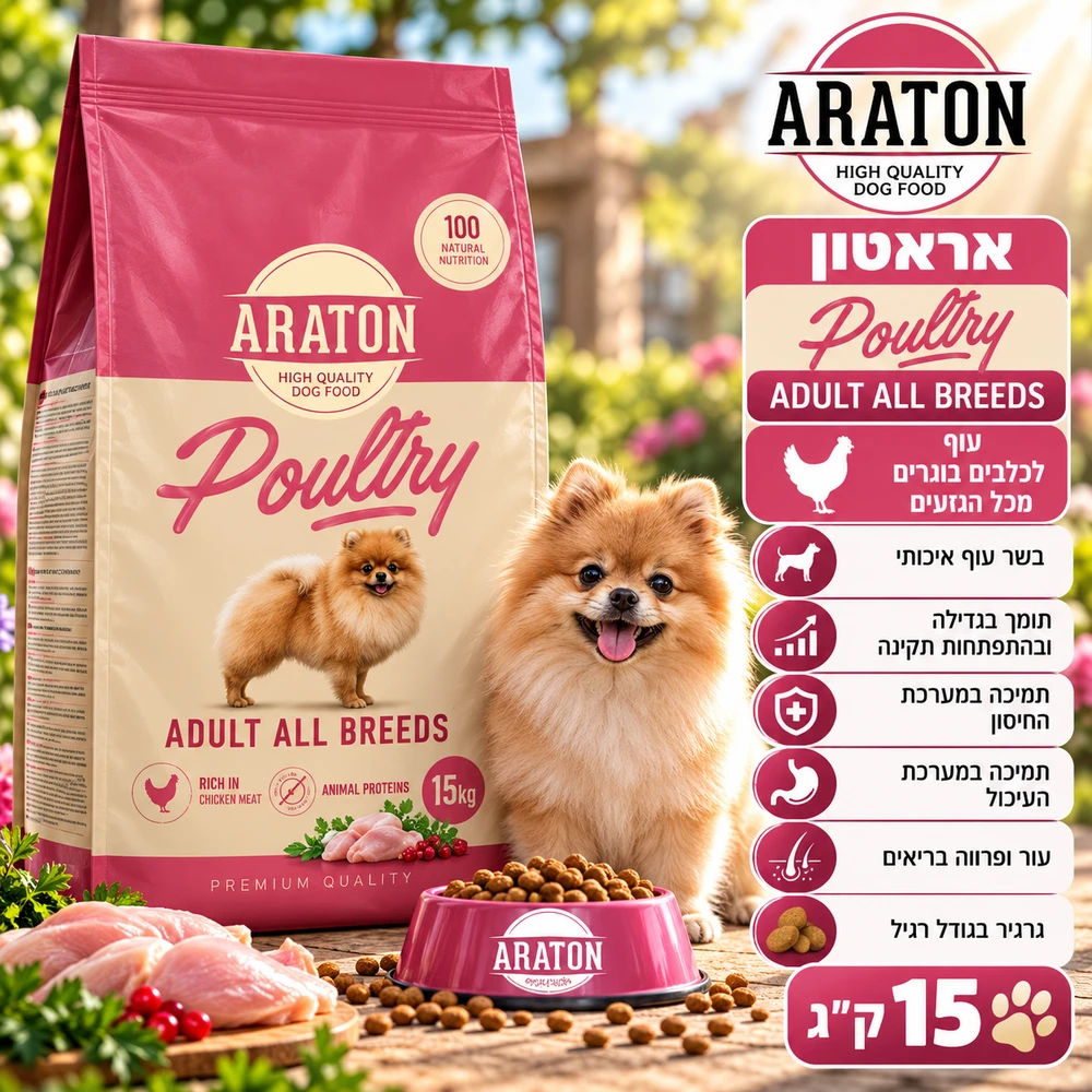 ARATON-אראטון עוף לכלבים בוגרים מכל הגזעים 15 ק"ג