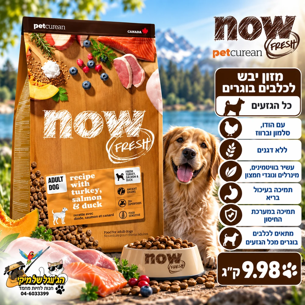 Now נאו מזון יבש ללא דגנים לכלבים בוגרים 9.98kg