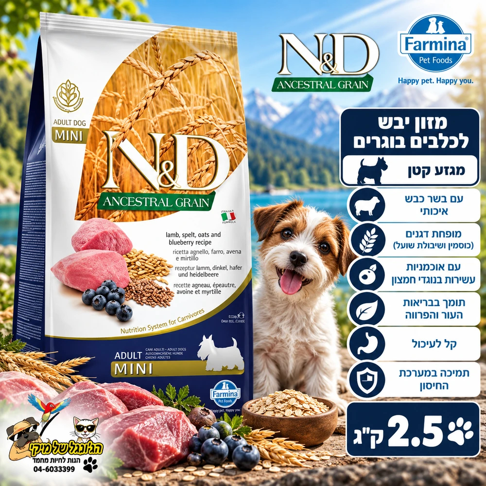 N&D נטוראל דלישס מופחת דגנים לכלבים בוגר מיני אנסס כבש ואוכמניות 2.5kg