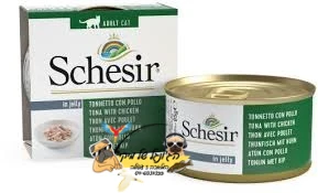Schesir שזיר מעדן מזון מלא לחתולים טונה עם נתחוני עוף בגלי 85 גרם