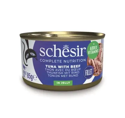 Schesir שזיר מעדן מזון מלא לחתולים טונה עם נתחוני בקר בגלי 85 גרם