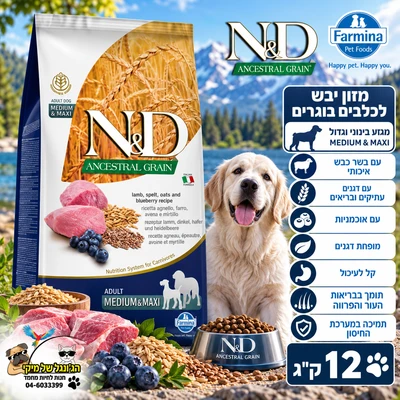 N&D-אן די נטורל דלישס מזון יבש מופחת דגנים לכלבים בוגרים medium&maxi כבש ואוכמניות 12kg