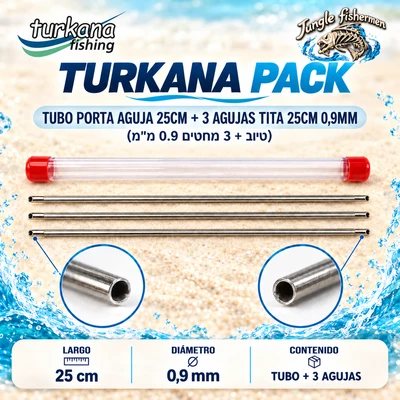 TURKANA PACK Tubo Porta Aguja 25cm + Aguja Tita 25cm 0.9mm (טיוב + 3 מחטים 0.9מ"מ)
